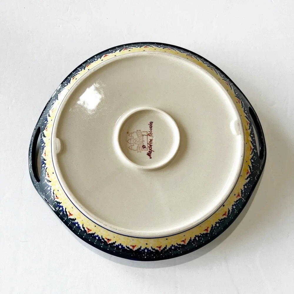 Boleslawiec Polish Pottery Yellow Blue Round Serving Tray w/ Handles Coneflower